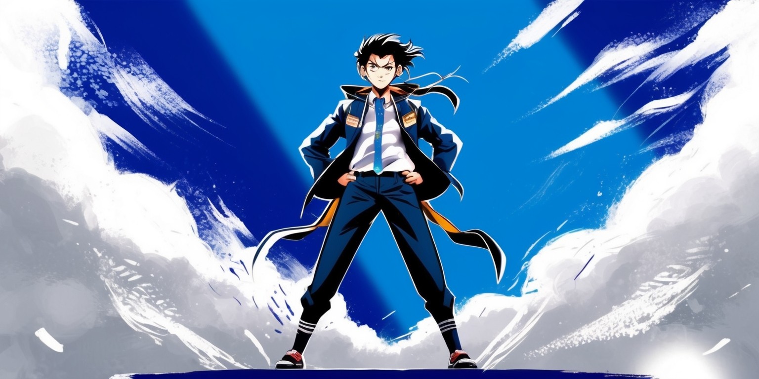 A vibrant and dynamic anime-style illustration featuring a main character from the series Dandadan set against a bold, gradient blue background with wispy, white clouds and subtle, mystical auras. The protagonist, dressed in their iconic school uniform, stands confidently with their feet shoulder-width apart, conveying a sense of determination and courage. Their facial expression is fierce yet warm, with a sharp jawline, piercing eyes, and a few loose strands of hair framing their face. The overall art style is a mix of digital painting and traditional anime elements, with bold lines, expressive brushstrokes, and intricate details. Incorporate subtle textures and patterns on the character's clothing and hair, adding depth and visual interest to the piece. The overall mood is energetic and uplifting, capturing the essence of the series' blend of action, comedy, and supernatural elements.