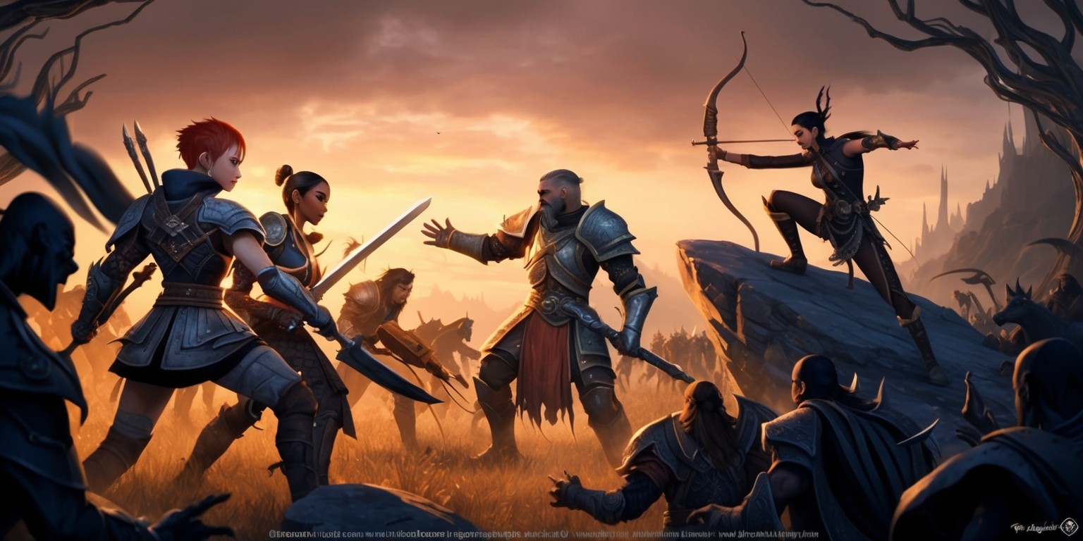 A dramatic, high-fantasy illustration depicting a pivotal scene from Dragon Age: The Veilguard, a fictional game set in the Dragon Age universe, with a focus on the Veil, a mystical realm. The scene is set at dusk, with a warm, golden light casting long shadows across the landscape. In the foreground, a group of four diverse heroes, each with unique armor, weapons, and abilities, stand united against an encroaching horde of dark, shadowy creatures. One hero, a female warrior with short, spiky red hair and a scar above her left eyebrow, wields a massive two-handed sword, while another, a lithe, agile rogue with dark skin and piercing green eyes, perches atop a nearby rocky outcropping, bow at the ready. The atmosphere is tense and foreboding, with an eerie mist creeping in from the edges of the frame. In the background, a haunting, ethereal landscape stretches out, with twisted, gnarled trees and mist-shrouded mountains looming in the distance.