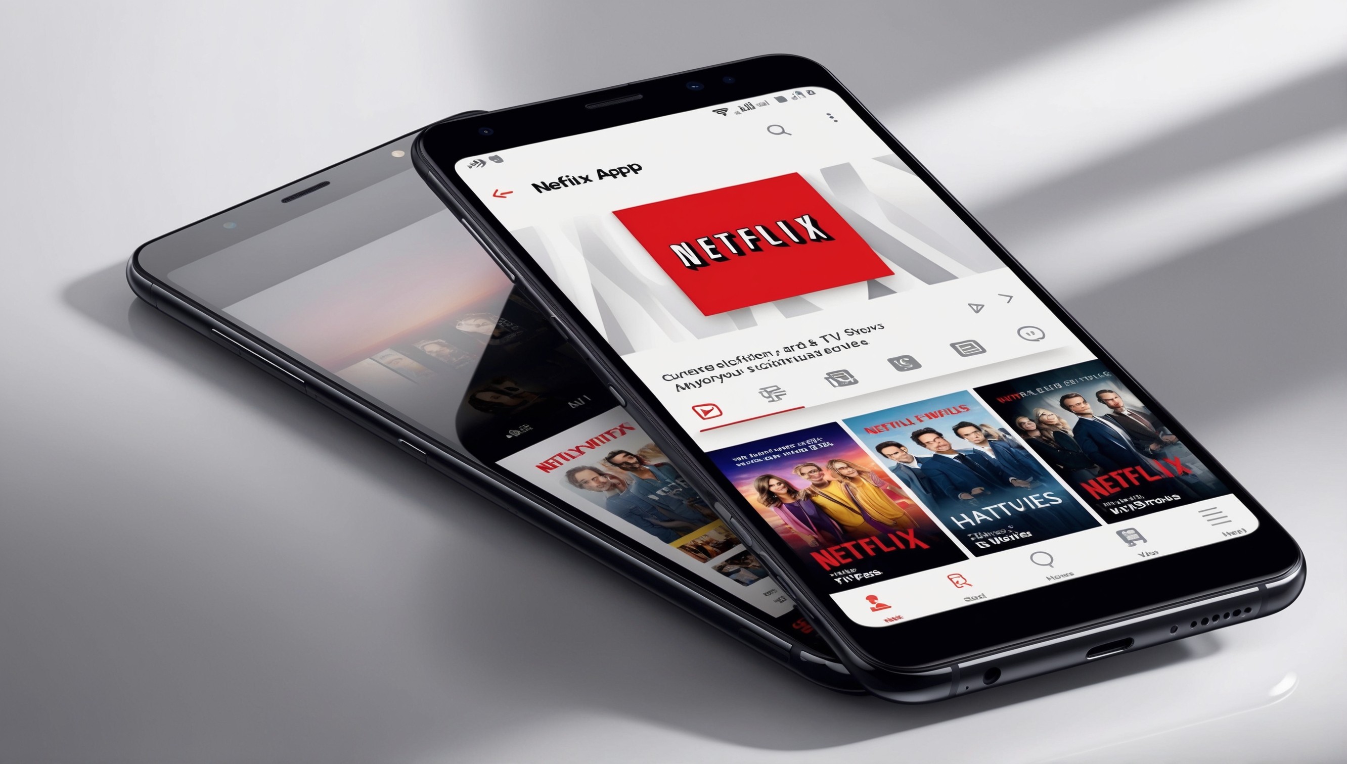 A modern smartphone with a sleek, black, and glossy screen displaying the Netflix app's iconic red and black logo, set against a clean, white background, with the app's interface showing a curated selection of movies and TV shows, with vibrant, eye-catching thumbnails and crisp, white text, and a subtle gradient effect adding depth to the overall design, with the notification icons and navigation buttons subtly highlighting the screen's edges, and the overall aesthetic evoking a sense of cutting-edge technology and entertainment.