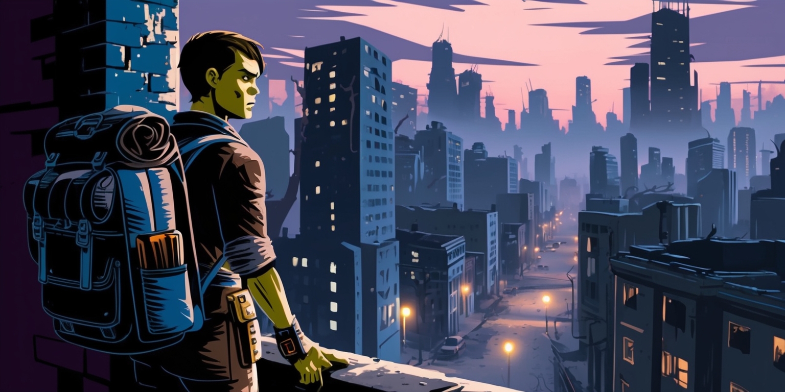 A dystopian cityscape at dusk with a sense of adventure, featuring a lone explorer with determined facial features, olive skin tone, and worn clothing, standing at the edge of a crumbling building with a backpack full of gear, looking out over a sprawling metropolis with abandoned skyscrapers, dimly lit alleyways, and flickering streetlights, with a mix of vibrant colors such as deep blues and purples, and muted tones of grey and brown, in a stylized illustration style with bold lines and textures, and a cinematic layout with a low angle shot, emphasizing the explorer's sense of courage and discovery, with a subtle glow of a map or compass in their hand, and a faint silhouette of a mysterious figure in the distance.