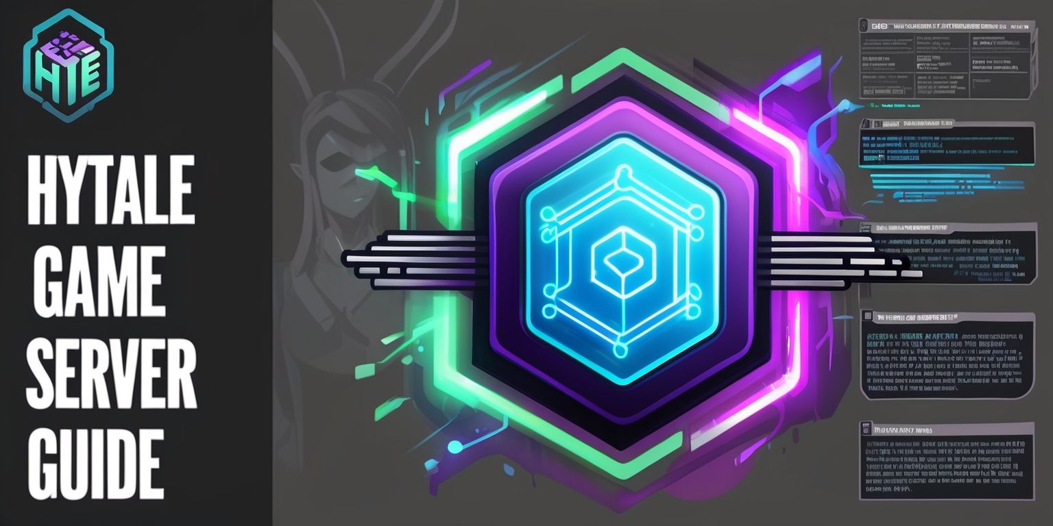 A detailed digital illustration of a Hytale game server guide, featuring a centralized game server icon with glowing blue lines and circuits, surrounded by vibrant purple and green hues, set against a dark gray background, with bold white font headings and smaller gray text descriptions, including step-by-step instructions and diagrams, and incorporating the official Hytale game logo in the top left corner with a stylized, modern sans-serif font, and a faint image of a player character in the background, with a mix of fantasy and futuristic elements, and a sense of depth and dimensionality through subtle shadows and lighting effects.