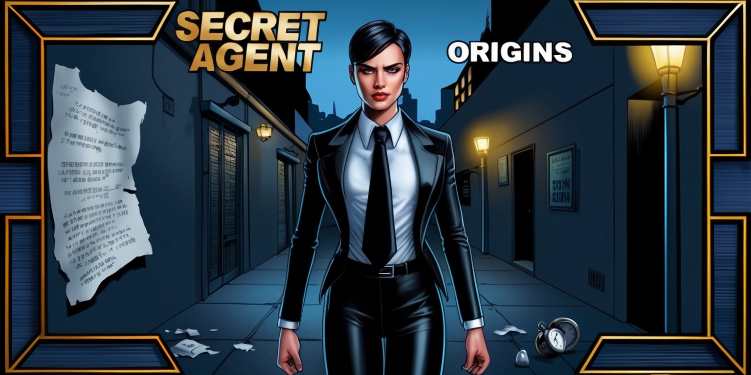 A highly detailed and realistic digital illustration of a secret agent standing in a dimly lit alleyway at dusk, with a cityscape in the background, the agent is dressed in a sleek black suit with a crisp white shirt and a black tie, their facial features are strong and determined, with a sharp jawline and piercing blue eyes, they have short dark hair and a small scar above their left eyebrow, in the foreground a few clues are scattered such as a torn piece of fabric, a cryptic message on the wall, and a silver pocket watch, the color palette is a mix of dark blues and greys, with accents of warm yellow from the streetlights, the style is reminiscent of a comic book cover, with bold lines and vibrant colors, the layout is dynamically framed with the agent at the center, and the text Secret Agent Origins is emblazoned in bold metallic letters at the top of the image.