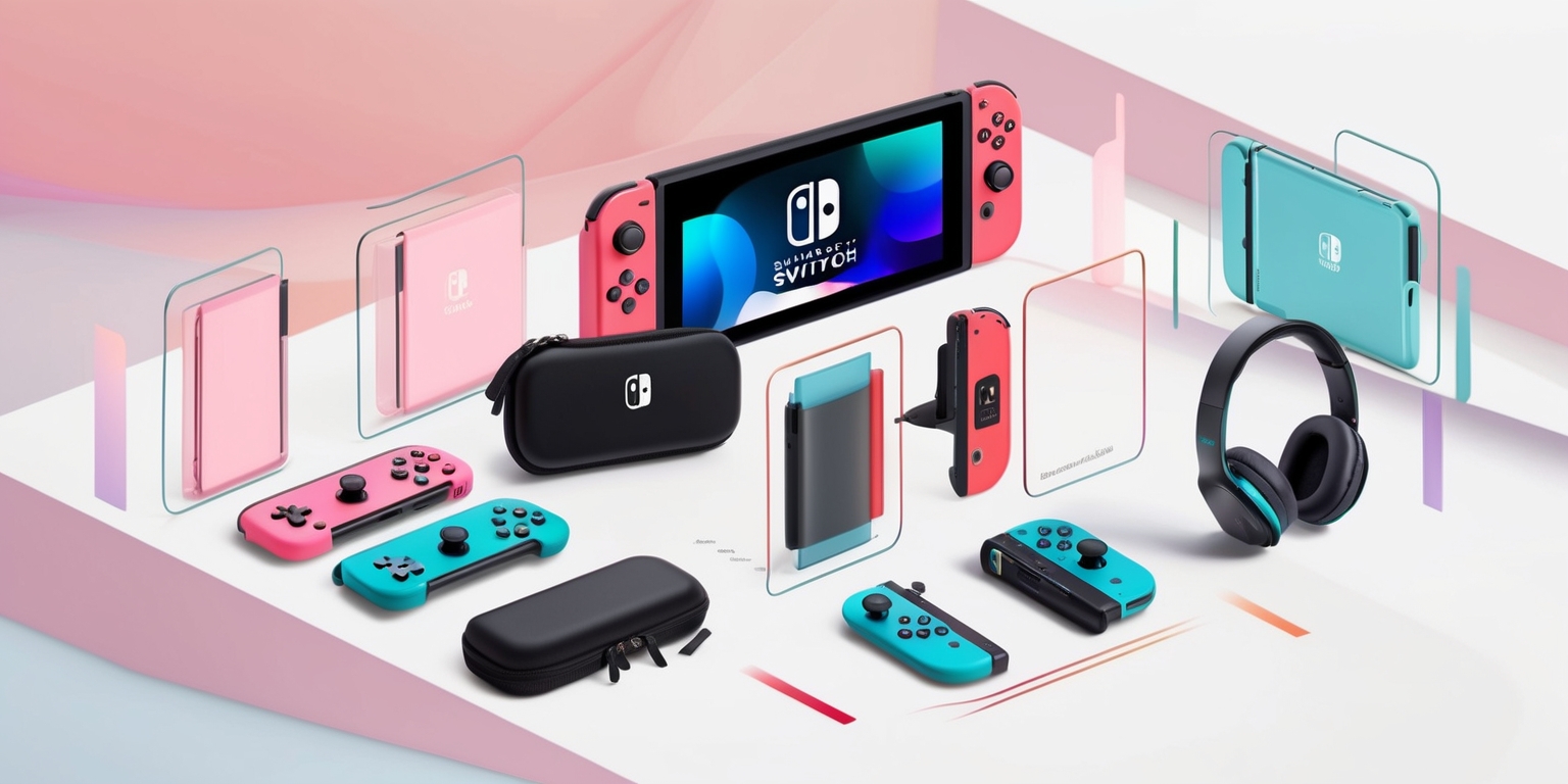 A modern, sleek, and minimalist illustration featuring a trendy, pastel-colored background with subtle gradients, showcasing various Nintendo Switch 2 accessories, such as vibrant controllers, comfortable carrying cases, stylish screen protectors, and advanced gaming headsets, all arranged in a harmonious and organized manner, with the Nintendo Switch 2 console placed centrally, angled to reveal its slim design and vibrant screen, surrounded by subtle, matching accent lines and geometric shapes, incorporating the iconic Nintendo logo in a bold, yet elegant font, with a touch of subtle shine, set against a clean, white or light-gray backdrop, with a focus on showcasing the accessories in a lifestyle setting, conveying a sense of fun, innovation, and gaming excitement.