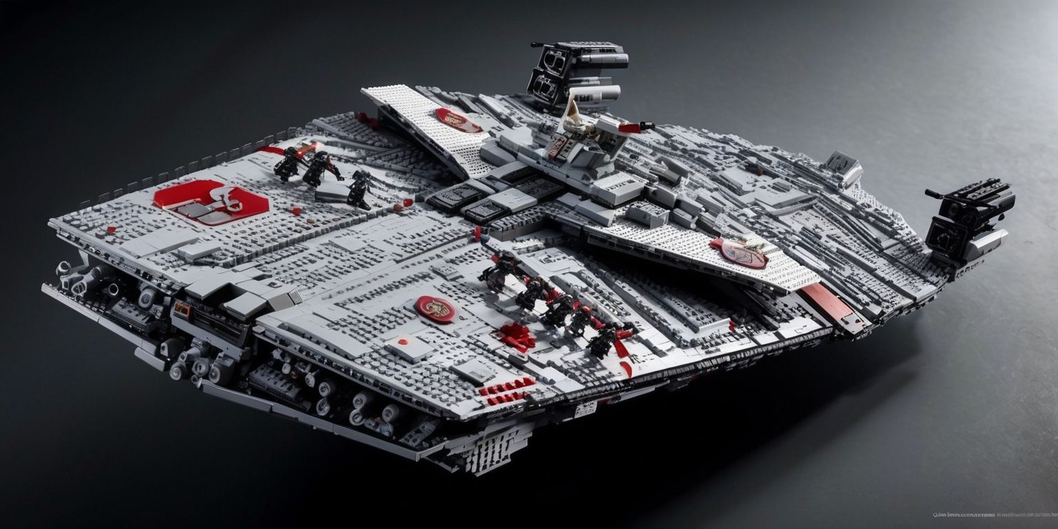 A highly detailed Lego Star Wars Imperial Star Destroyer set against a dark gray background, with thousands of tiny Lego bricks and minifigures of Imperial Stormtroopers and officers, the set's intricate design and architecture prominently displayed, featuring the ship's sleek and ominous silhouette, with a mix of gray, white, and black Lego pieces, and various Imperial logos and emblems in silver and red, the scene is well-lit, with subtle shading and texture, showcasing the complexity and scale of the Imperial Star Destroyer, with a sense of depth and dimensionality, and a focus on the set's impressive details and features.