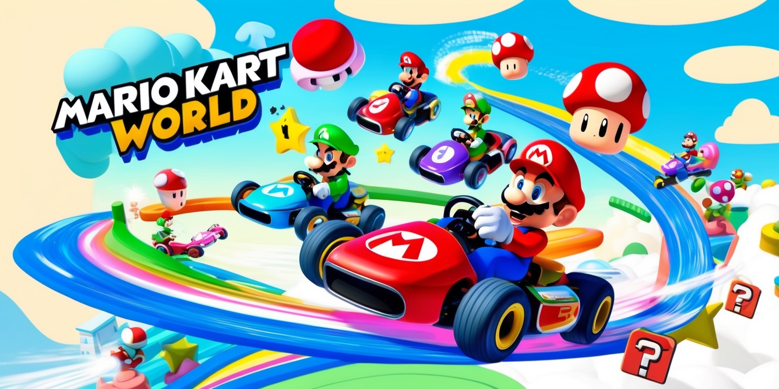 (updated_prompt)
A vibrant, action-packed illustration of Mario Kart World, a fantastical racing game, set against a bright blue sky with fluffy white clouds, featuring Mario, Luigi, and other beloved characters from the Mario universe zooming by in their colorful karts, surrounded by iconic elements like mushrooms, stars, and question mark blocks, with a lively, dynamic composition that captures the excitement and energy of the game, incorporating bold lines, rounded shapes, and a mix of pastel and neon colors that evoke a sense of fun and playfulness, with subtle textures and shading to add depth and dimensionality to the scene.
</updated_prompt>