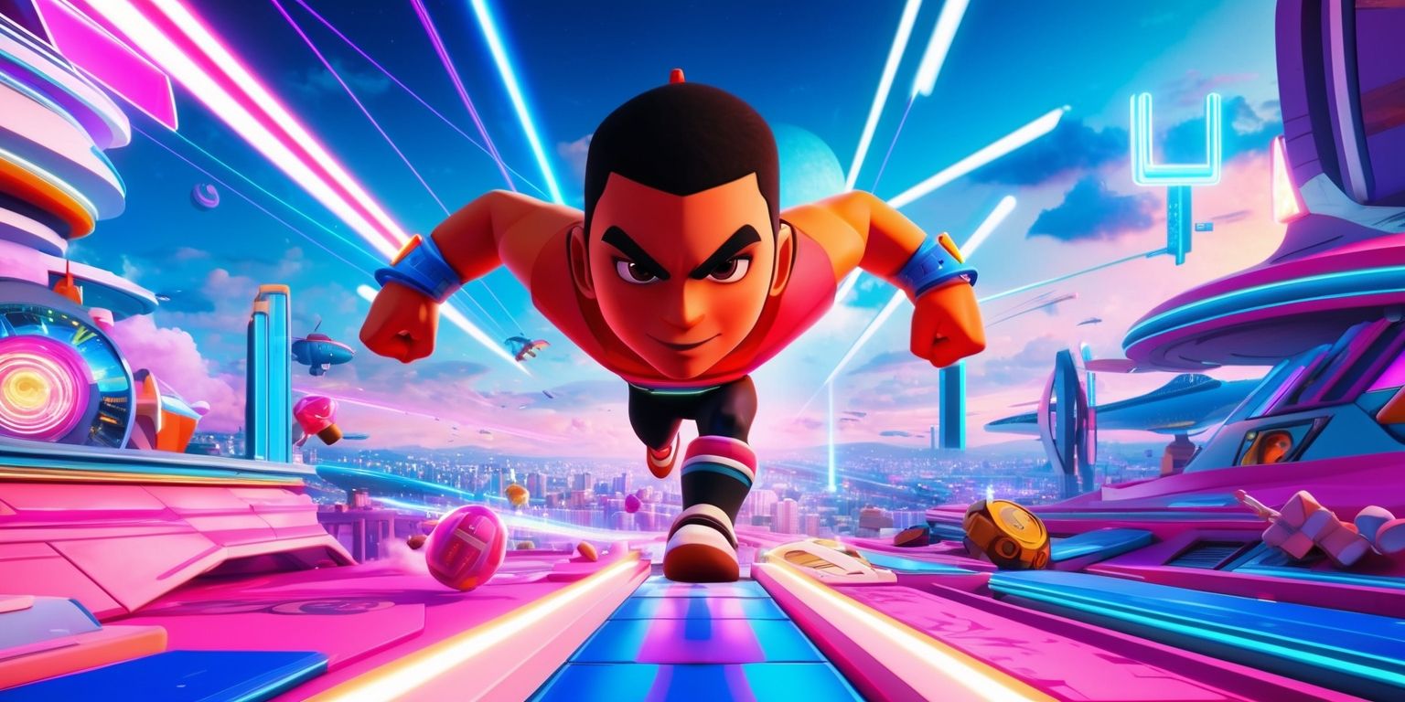 Innovative platformer game with a vibrant and futuristic atmosphere, featuring a bold and dynamic character with distinctive facial features and athletic build, set against a stunning backdrop of neon-lit skies and sprawling cityscapes, with a mix of modern and abstract architectural elements, and incorporating a range of bright and pastel colors, including blues, purples, and pinks, with a focus on sleek lines, geometric shapes, and a sense of depth and dimensionality, and including various visual effects such as glowing trails, shimmering particles, and soft explosions, with a central character in mid-action, leaping or running, and surrounded by a array of obstacles, power-ups, and mysterious artifacts, all rendered in a highly stylized and detailed digital art style.