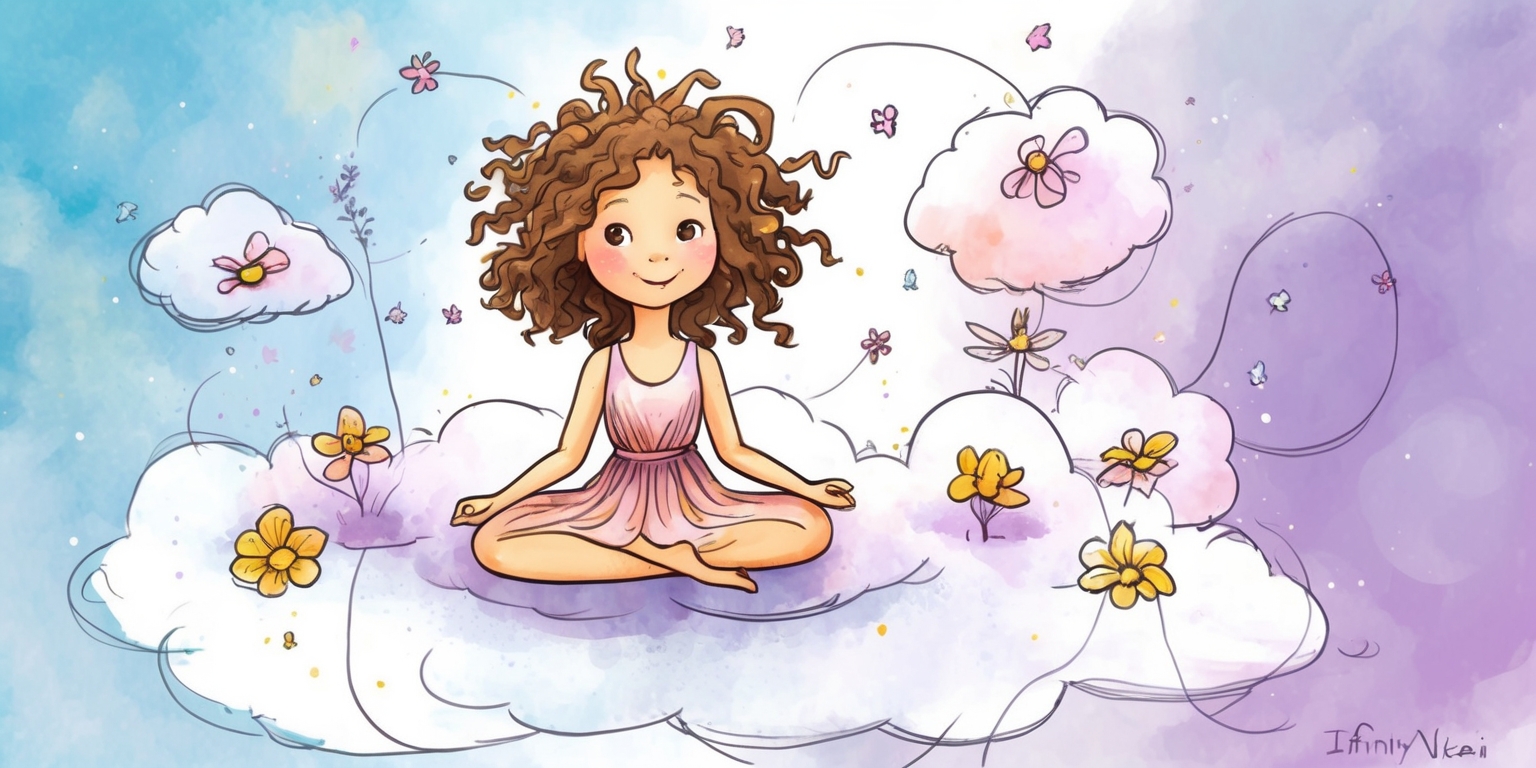 A whimsical, dreamlike illustration of a scene inspired by the Infinity Nikki game, with a vibrant color palette and delicate, hand-drawn lines. In the center, Nikki, the protagonist, sits cross-legged on a cloudy, ethereal platform, surrounded by floating clouds, flowers, and subtle, shimmering stardust. Her facial features are soft and gentle, with a kind smile and bright, inquisitive eyes. Her hair is a wild tangle of curly brown locks, and she wears a flowing, pastel pink dress with a subtle sheen. The background is a gradient of soft blues and purples, evoking a sense of wonder and magic. The composition is playful, with elements overlapping and blending together in a sense of joyful chaos. The overall style is reminiscent of a watercolor painting, with loose, expressive brushstrokes and delicate textures.