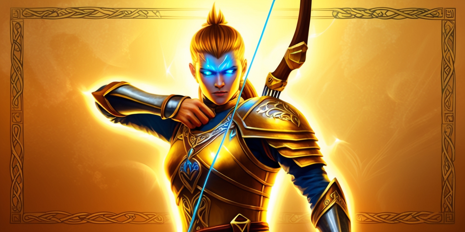 A vibrant, high-fantasy illustration of Archero 2, a popular mobile game, set against a warm, golden background with subtle, mystical runes etched into the borders. In the center, a heroic, illuminated archer stands tall, clad in ornate, gleaming armor with intricate, Celtic-inspired designs. Their determined facial expression features sharp, angular features, piercing blue eyes, and a strong jawline, with a hint of sweat glistening on their forehead. Their skin has a warm, golden undertone, radiating a sense of courage and valor. The archer's bow, adorned with glowing, ethereal strings, is poised at the ready, with a few arrows quivering in the quiver slung over their shoulder. The overall style blends medieval grandeur with modern, digital flair, evoking a sense of adventure and mythical exploration.