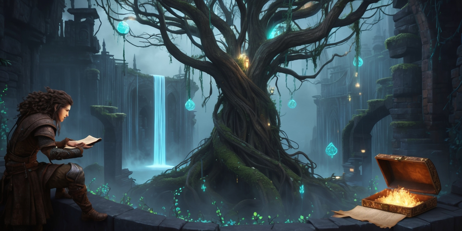 A majestic, ancient tree stands at the center of the frame, its gnarled branches twisted and tangled, with glowing, ethereal orbs suspended from the limbs, illuminating a misty, iridescent atmosphere. The environment is a labyrinthine, vertically-stacked realm, with crumbling, moss-covered ruins and rusted contraptions, amidst a perpetual twilight, where luminescent mushrooms and wispy, feathery vines add an air of mystique. In the distance, a faint, shimmering waterfall cascades into a pool of glowing, crystalline water, surrounded by clusters of glowing fireflies, as a subtle, pulsing blue aura permeates the air. To the left, a figure, clad in worn, earth-toned leather armor, with a determined expression, piercing green eyes, and a wild tangle of curly brown hair, perches on a narrow, wind-whipped ledge, gazing intently at a cryptic, ancient scroll, while a delicate, ornate box, adorned with intricate, swirling patterns, lies open beside them, emitting a soft, golden glow. In the far background, a dark, foreboding silhouette looms, its presence hinted at by the fluttering, tattered remnants of a crimson banner, emblazoned with a stylized, silver emblem.