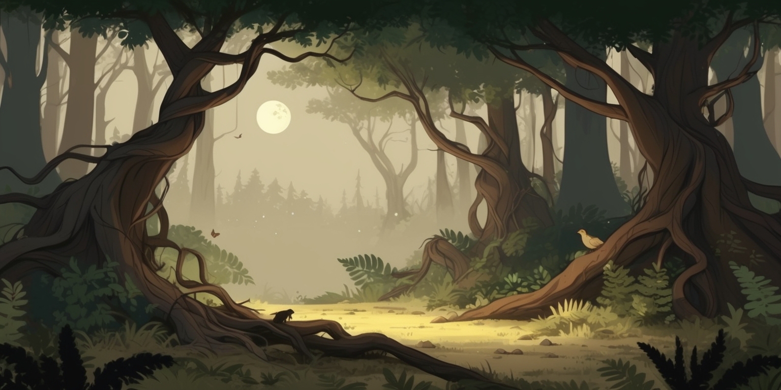 A serene and mystical illustration of a forest at dusk, with a faint glow of fireflies and a soft moonlit sky, inspired by the atmospheric and adventurous game 99 Nights in the Forest, featuring a dense foliage of tall trees with twisted branches and roots, a carpet of leaves and ferns, and a few faintly visible nocturnal creatures, with a warm and earthy color palette, dominated by shades of green, brown, and beige, and a sense of depth and mystery, with the forest floor and trees framed by a subtle mist, and a few subtle hints of ancient magic and forgotten lore, with the overall style being whimsical and dreamlike, evoking a sense of wonder and curiosity.