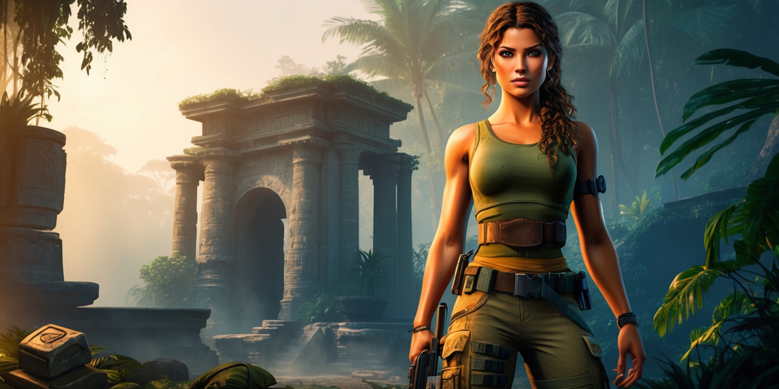 A dynamic digital artwork featuring Lara Croft, the iconic protagonist from the Tomb Raider: The Legend of Lara Croft series, set against a vibrant, misty jungle backdrop with ancient stone ruins and overgrown foliage. Lara stands poised, gazing directly at the viewer with piercing green eyes, her determined expression illuminated by the warm, golden light of a setting sun. Her athletic physique is clad in a functional, earthy-toned tank top and cargo pants, with a utility belt strapped around her waist, holding a holstered pistol and various adventuring tools. Her long, curly brown hair flows freely, with a few loose strands framing her heart-shaped face and full lips. In the foreground, subtle, ancient carvings and mysterious artifacts litter the ground, hinting at the secrets and treasures hidden within the jungle. The color palette is a blend of earthy tones, with warm golden hues and deep greens, evoking a sense of adventure and discovery.