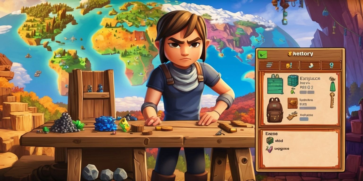 A detailed illustration of the Hytale game, showcasing a character with determined facial features and medium-toned skin, standing in front of a wooden workbench with various resources and crafting items, including a half-crafted backpack, scattered around, with a large open world map in the background featuring vibrant colors and diverse landscapes, and a prominent user interface element displaying the inventory system with items and upgrades, set against a warm and inviting fantasy-themed backdrop with a mix of earthy tones and magical elements, highlighting the game's focus on exploration, crafting, and strategic resource management.