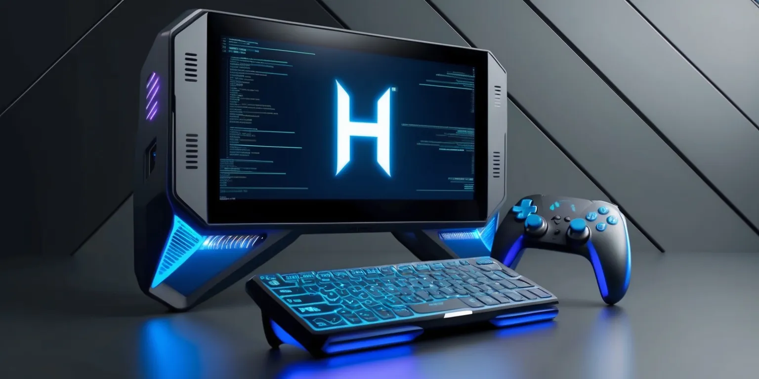A futuristic hybrid gaming console with a sleek and angular design, featuring a large high-definition screen, a compact keyboard, and a advanced controller with vibrant blue accents, set against a dark gray and silver metallic background, with subtle neon lights illuminating the device's ports and vents, and a few sleek lines of code visible on the screen, the console's logo, a stylized letter H, is emblazoned on the top in bold, silver font, with a subtle glow effect, the overall aesthetic is a blend of modern technology and futuristic gaming, with a focus on sharp lines, bold colors, and a sense of high-tech sophistication.