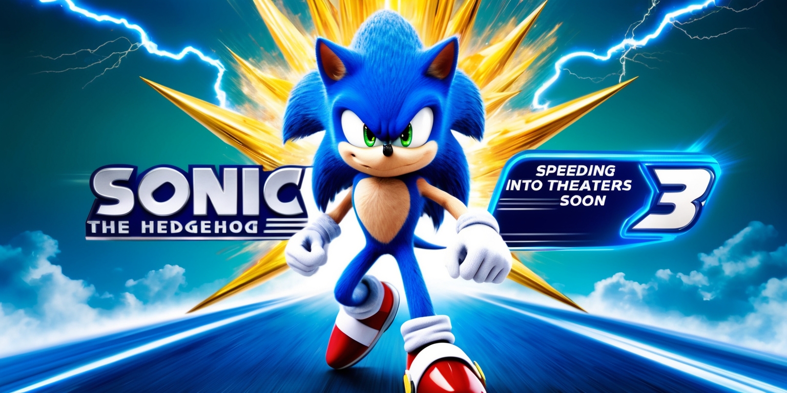 A dynamic, action-packed movie poster for Sonic the Hedgehog 3, featuring the blue anthropomorphic hedgehog standing heroically at the center, with a determined expression on his face, his iconic white gloves and red shoes gleaming, and a burst of golden light emanating from his body, symbolizing his incredible speed and power, set against a vibrant blue-green gradient background with bolts of electricity and swirling clouds, evoking a sense of high-stakes adventure and excitement, with the title Sonic the Hedgehog 3 emblazoned in bold, metallic silver font with a hint of blue glow, accompanied by the tagline Speeding into Theaters Soon in a curved, neon-lit ribbon above the title, with the Sega and Paramount Pictures logos prominently displayed at the bottom in metallic blue and silver.