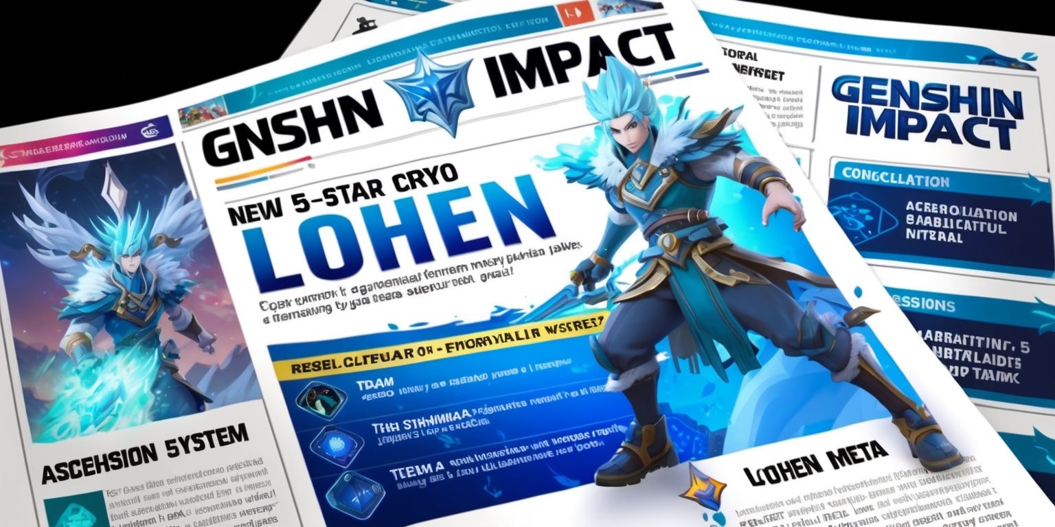 A digital illustration of a newspaper or online article page displaying headlines and detailed information about a new 5-Star Cryo character named Lohen from the Genshin Impact game, with vibrant colors and fonts, featuring Lohen's character model in the background, showcasing his icy elemental skills and attack mechanics, with sections highlighting his ascension system, talent upgrades, constellation progression, and potential impact on the game's meta, surrounded by Genshin Impact game logos and icons in a modern, fantastical style with blue and white hues dominating the palette, with Lohen's character design prominently displayed, showcasing his unique Cryo abilities and adventurous persona.