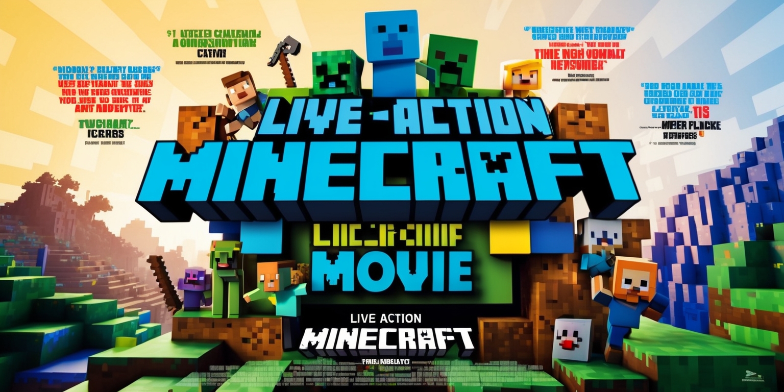 A vibrant, whimsical poster for the live-action Minecraft movie, showcasing a blend of advanced visual effects and playful humor, on a dynamic background that evokes the Overworld's blocky, pixelated landscape. Jared Hess' directorial vision is embodied in the bold, colorful typography, with the title Minecraft in chunky, 3D letters, reminiscent of the game's iconic blocks. Critics' quotes and ratings are scattered throughout the poster, featuring a mix of positive and negative reviews, with bold fonts and bright colors highlighting the enthusiastic feedback, and muted tones for the more critical comments. The overall design is busy, reflecting the chaotic, experimental nature of the film, with characters and creatures from the game peeking out from behind the text, adding a sense of wonder and adventure. The color palette is bright and eye-catching, with shades of blue, green, and yellow dominating the scene, capturing the sense of exploration and discovery that defines the beloved game.