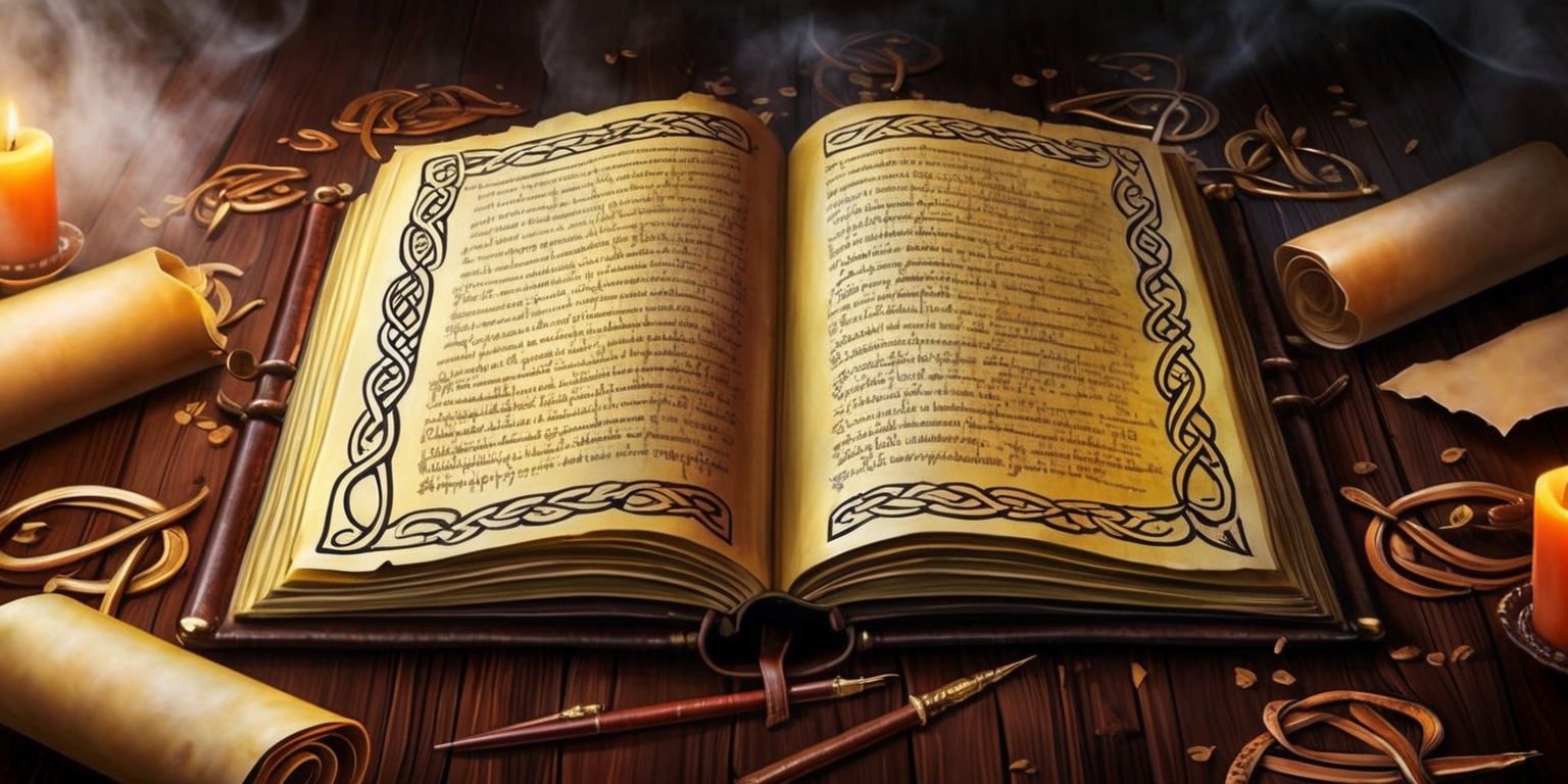 A majestic, medieval-themed illustration of an open, leather-bound book, its yellowed pages illuminated by soft, golden light, set against a rich, dark woodgrain backdrop, with intricate, gothic-inspired script and ornate, Celtic knotwork adorning the borders, surrounded by scattered, parchment scrolls, and a few, strategically placed, copper-tipped, quill pens, evoking a sense of mystique and adventure, as if the viewer is about to embark on an epic, fantastical journey through the ages, with subtle, warm, candlelit ambiance, and hints of misty, mystical fog lingering in the background, inviting the viewer to step into the immersive world of a historical RPG game.