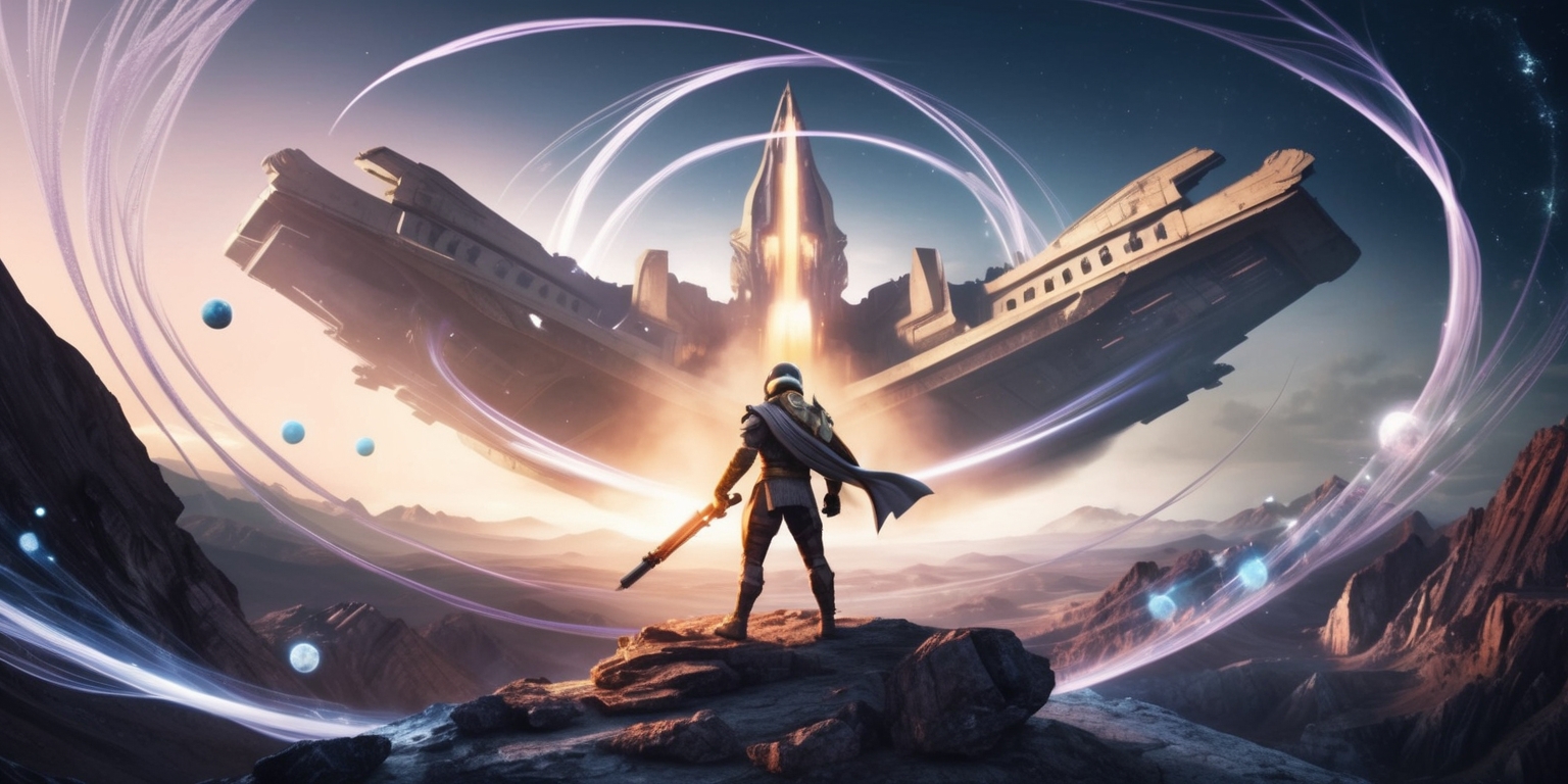 A dramatic illustration of the Destiny 2 game, featuring a heroic Guardian standing atop a rugged, planetary landscape, bathed in a warm, golden light, with the imposing, ancient ruins of the Traveler's ship looming in the background, amidst a swirling vortex of cosmic energy, surrounded by floating, glowing orbs and wispy, ethereal tendrils, set against a deep, starry night sky, with subtle, gradient hues of blue and purple, evoking a sense of epic scope and otherworldly mystery, rendered in a highly detailed, realistic style with intricate textures and subtle, atmospheric lighting, capturing the game's iconic blend of science fiction and fantasy elements.