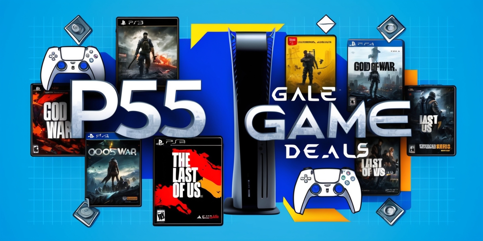 A vibrant, eye-catching illustration of a video game sale advertisement, set against a bold, electric blue background, with sleek, modern fonts and graphics, showcasing the PlayStation 5 console and multiple popular game covers, such as God of War and The Last of Us, strewn artfully across the image, with yellow and orange accents to evoke a sense of excitement and urgency, and a subtle grid pattern in the background to give it a dynamic, techy feel, with the title PS5 Game Deals emblazoned in large, silver, metallic letters, with a slight gradient effect, surrounded by icons of game controllers, trophies, or other gaming-themed elements, all perfectly balanced and framed to immediately grab the viewer's attention.