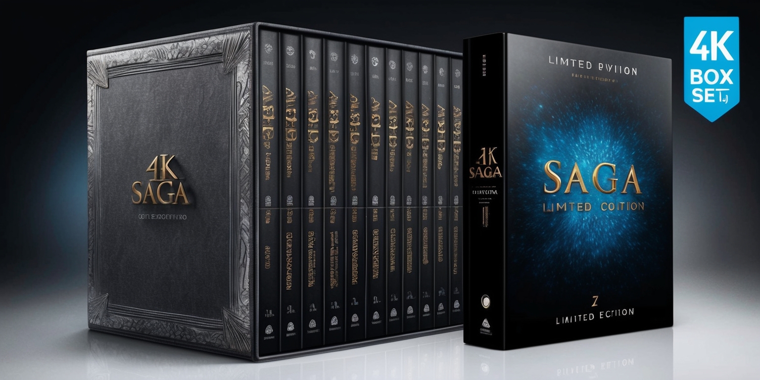 A Limited Edition 4K Movie Box Set with a sleek and luxurious design, featuring a sturdy outer casing with a metallic finish, adorned with intricate embossing and spot varnishing, and a subtle texture that evokes a sense of premium quality, containing all chapters of an epic saga in crisp 4K resolution, accompanied by a wealth of extensive bonus materials, including behind-the-scenes footage, cast interviews, and making-of documentaries, all presented in a comprehensive and lavishly illustrated collector's book, with the title of the saga and the words Limited Edition prominently displayed in bold, gold font, against a dark, gradient background that shimmers with a hint of silver, with the 4K logo emblazoned on the top right corner in a bright, electric blue color, and the collector's edition number discreetly printed at the bottom left corner in a smaller, yet still elegant, silver font.