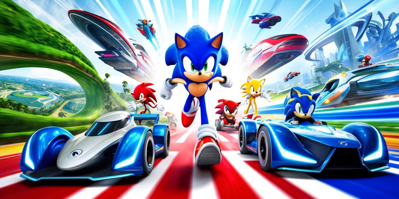 A vibrant and dynamic scene depicting Sonic the Hedgehog and other characters from the Sonic universe competing in a high-speed racing tournament, set across various fantastical worlds, with sleek, futuristic racing vehicles and tracks that weave through lush, green landscapes and futuristic cities, with bold, bright colors and sharp lines, and a sense of motion and energy, with Sonic and other characters having distinctive facial features, and vibrant, electric blue and red hues highlighting their iconic quills and attire, and a detailed, stylized background with subtle gradients and textures, and a sleek, metallic finish on the racing vehicles, with a hint of speed and competition in the atmosphere.