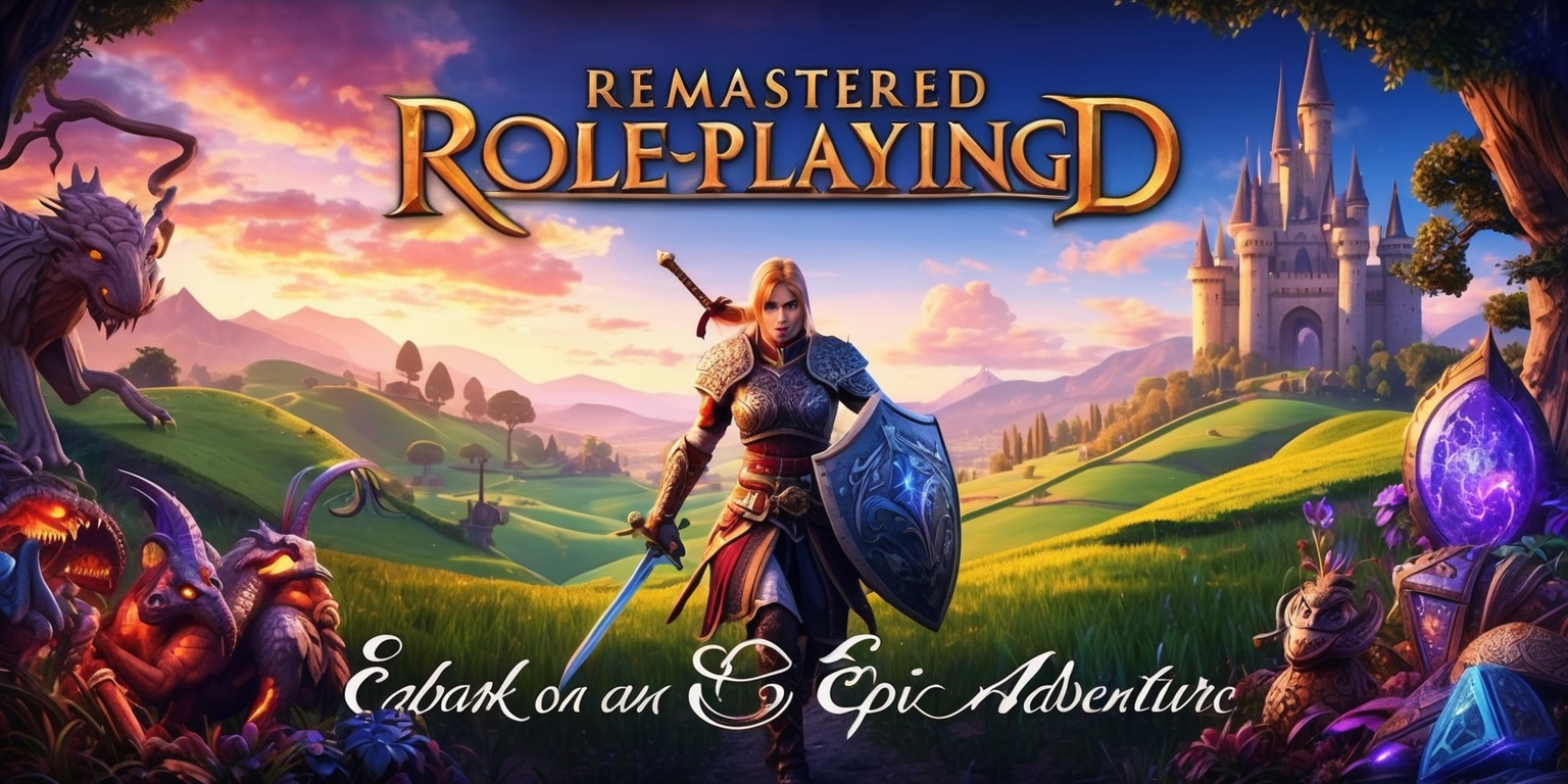 A beautifully designed poster for a remastered role-playing game, featuring a vibrant fantasy landscape with rolling hills, ancient trees, and a majestic castle in the background, set against a warm sunset sky with hues of orange, pink, and purple, with a heroic figure in the foreground, dressed in intricately designed armor, wielding a sword and shield, with a determined look on their face, surrounded by magical creatures and mysterious artifacts, all rendered in a stunning high-fantasy art style with intricate details and textures, with the game's title emblazoned across the top in bold, golden letters, and the tagline written in a elegant, cursive script at the bottom, inviting players to embark on an epic adventure.