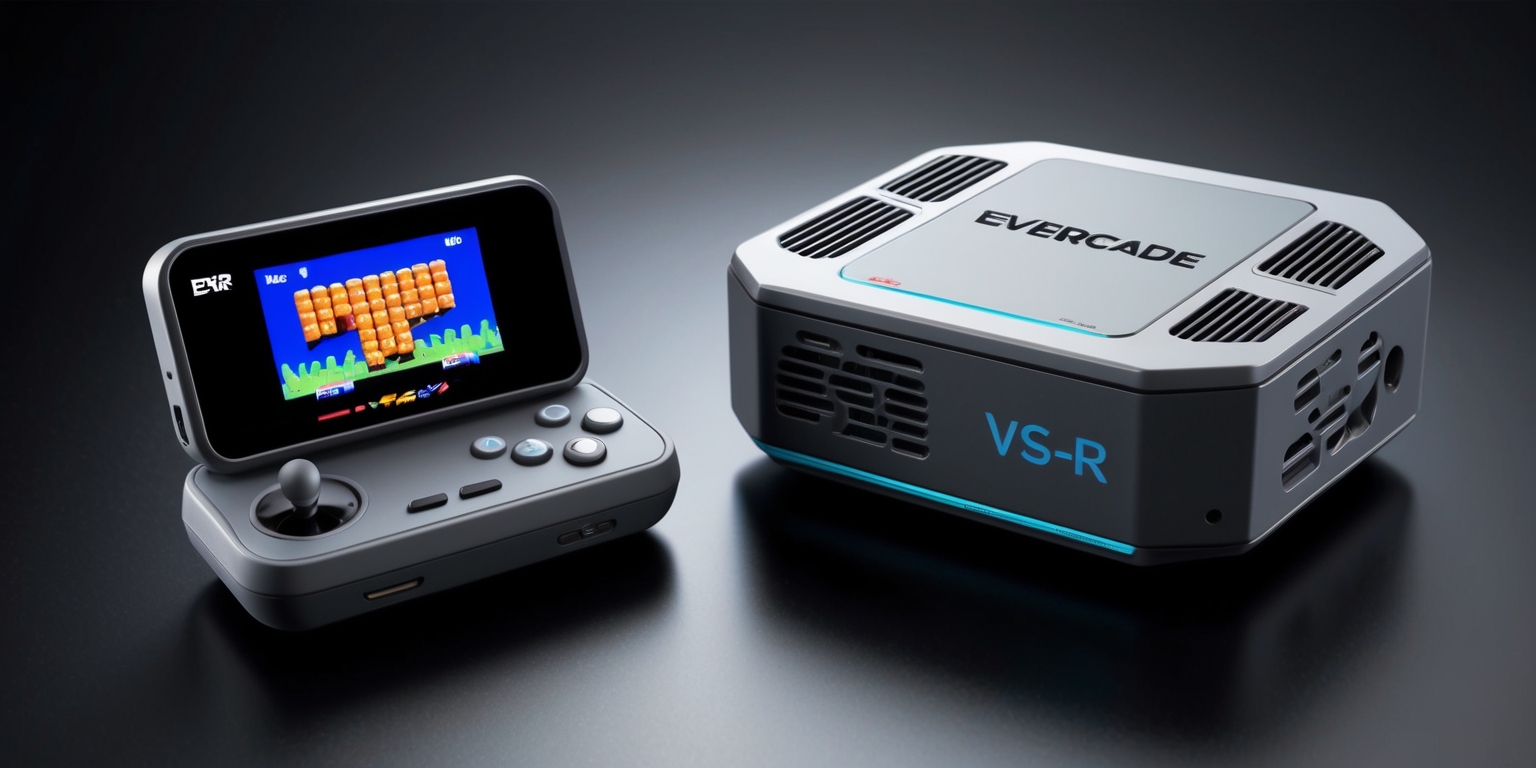 A highly detailed, photorealistic image depicting the Evercade EXP-R handheld game console and the Evercade VS-R console, placed side by side on a sleek, matte black background, with subtle gradient shadows to accentuate their curves and contours, showcasing their modern design and premium build quality, the handheld featuring a vibrant 4.7-inch screen displaying a nostalgic 8-bit game, its compact body clad in a durable, textured plastic with subtle button layouts and a sturdy directional pad, while the VS-R console boasts a futuristic, angular design with a prominent Evercade logo emblazoned on the top, its vents and ports neatly arranged, both devices sharing a sophisticated, dark grey and silver color scheme, with subtle hints of blue accents, evoking a sense of retro gaming nostalgia and cutting-edge technology.