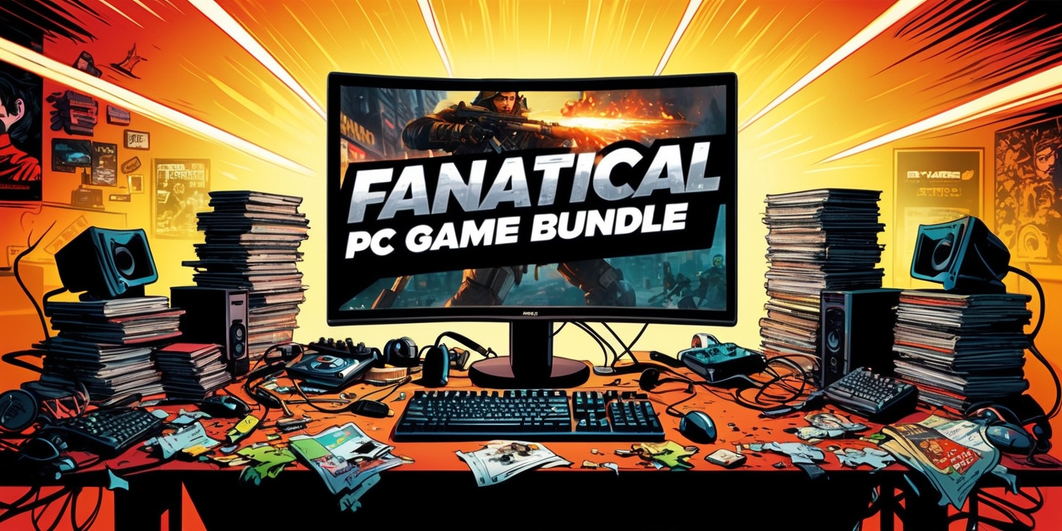 A vibrant, high-energy illustration of a gamer's paradise, featuring a sprawling, messy desk cluttered with PC gaming peripherals, surrounded by stacks of game cases, with a few torn-open packaging and crumpled up manuals scattered about, all bathed in a warm, golden light that evokes a sense of nostalgia and excitement, with bold, bright colors and bold lines, reminiscent of a comic book or graphic novel, and in the center, a prominent, large, flat-screen gaming monitor displaying a tantalizing screenshot of an action-packed game, with the words Fanatical PC Game Bundle emblazoned across the top in bold, metallic silver font with a subtle gradient effect, and a scattering of game-themed knick-knacks and collectibles in the background, such as figurines, posters, and gaming-themed snacks.